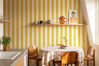 Yellow citrus wallpaper in a sunlit interior