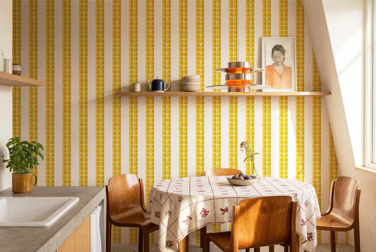 Yellow citrus wallpaper in a sunlit interior